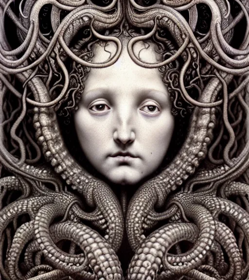 Image similar to detailed realistic beautiful kraken goddess face portrait by jean delville, gustave dore, iris van herpen and marco mazzoni, art forms of nature by ernst haeckel, art nouveau, symbolist, visionary, gothic, neo - gothic, pre - raphaelite, fractal lace, intricate alien botanicals, ai biodiversity, surreality, hyperdetailed ultrasharp octane render