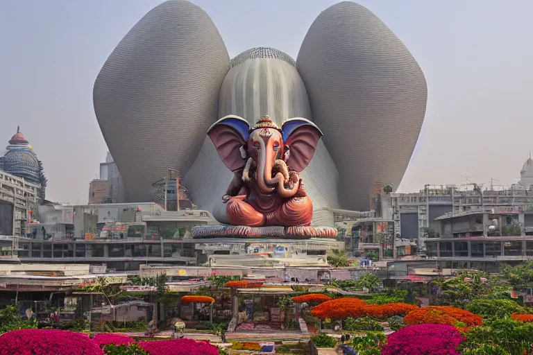 Image similar to magnificent futuristic new delhi, sharp biophilic ganesha!! building, kalighat flowers, highly detailed, stephen shore & john j. park, cinematic light, wide shot, ground angle, uhd 8 k, sharp focus