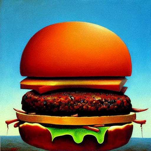 Image similar to painting of a burger with a mouth in the style of beksinski