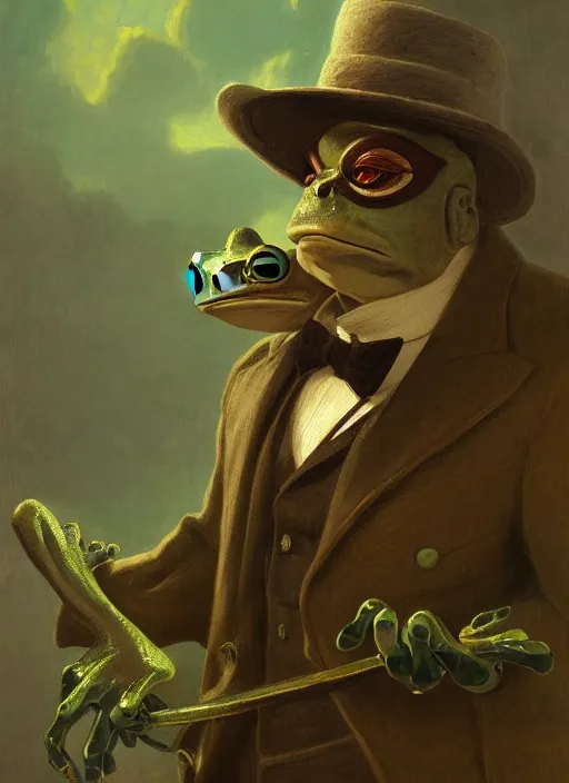 Image similar to frog gentleman in a costume portrait by Lajos Berán, Albert Bierstadt, Robert Henderson Blyth, Claude Bonin-Pissarro, Sandro Botticelli, unreal Engine Fantasy Illustration. award winning, Artstation, Hyperdetailed, 8k resolution