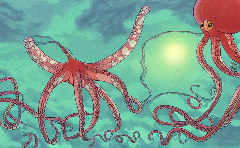 Prompt: a realistic cell - shaded studio ghibli concept art from paprika ( 2 0 0 6 ) of a flying intelligent multi - colored octopus from close encounters of the third kind ( 1 9 7 7 ) and a dimensional portal to another world in a flooded forest valley on a misty starry night. very dull colors, wide shot, hd, 4 k, hq