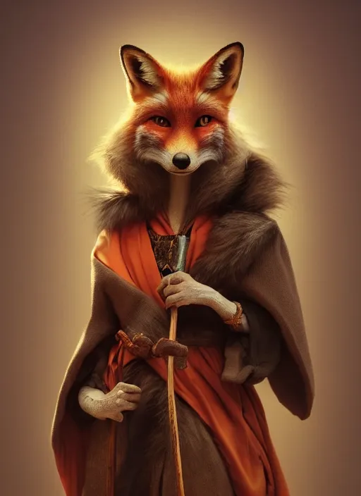 Image similar to an anthropomorphic beautiful female wizard portrait made of fox holding a staff wearing colourful robe, fine art, award winning, intricate, elegant, sharp focus, octane render, hyperrealistic, cinematic lighting, highly detailed, digital painting, 8 k concept art, art by jamie hewlett and z. w. gu, masterpiece, trending on artstation, 8 k