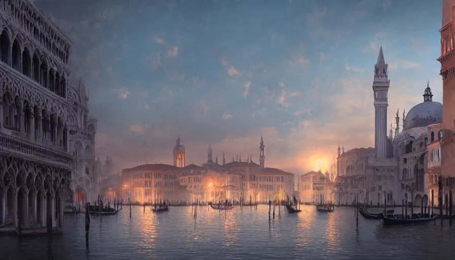 Image similar to Digital painting of Neo-Gothic Venice, wide view, volumetric light, hyperdetailed, artstation, cgsociety, 8k