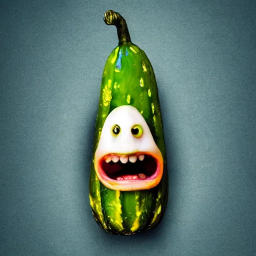 Image similar to portrait photograph of a pickle with a screaming face