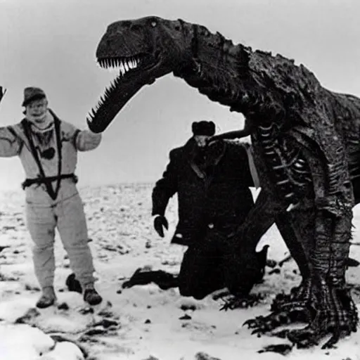 Image similar to a mummified t-rex corpse found in the artic with a man standing next to the t-rex corpse and waving at the camera, he is wearing a white full body suit, taken by a ww2 camera.