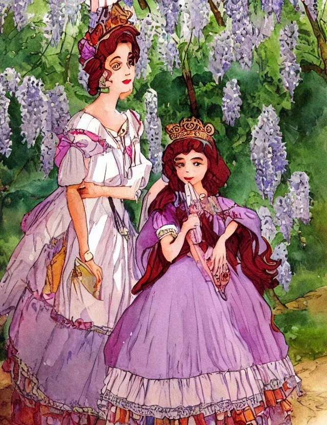 Prompt: middle eastern queen of the wisteria springs, wearing a lolita dress. this heavily stylized watercolor painting by the beloved children's book illustrator has an interesting color scheme, plenty of details and impeccable lighting.