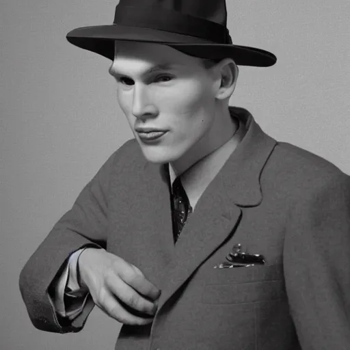 Image similar to A photograph portrait of Jerma985 wearing a suit with and fedora in the 1940s, taken in the early 1940s, grainy, taken on a 940s Kodak Camera, realistic, hyperrealistic, very realistic, highly detailed, very detailed, extremely detailed, detailed, digital art, trending on artstation