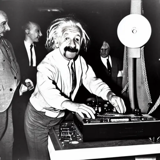 Prompt: color photograph of Albert Einstein DJing a record player at a nightclub, color photograph