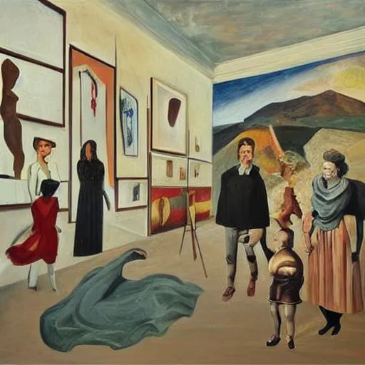 Prompt: oil painting, inside the museums, infinity goes up on trial, by paula rego, by de chirico