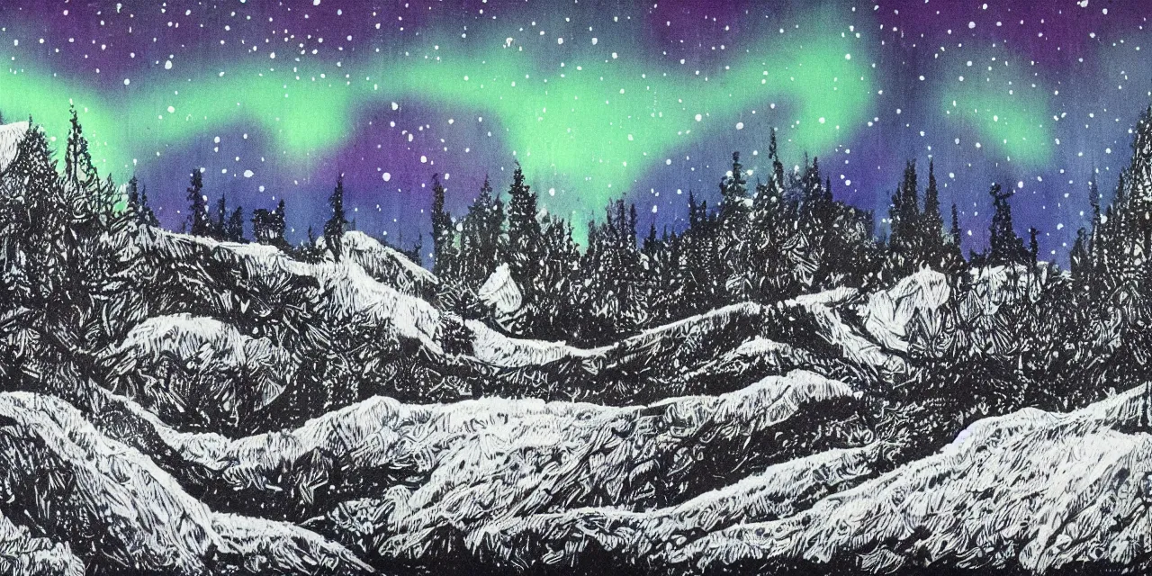 Image similar to laurentian appalachian mountains during winter, original and creative black ink surrealist landscape artwork, snowy night, aurora borealis, fascinating textures, drips