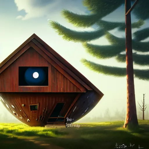 Image similar to a walking wood and metal house with two legs and one big eye, smoky chimney, rust, hyperrealistic, highly detailed, cinematic, single ray of sun, morning, pareidolia, dynamic composition, gravity falls style, disney, ghibli, beautiful, pine trees in the background, cgssociety, artstation, 8 k, oil painting, digital art