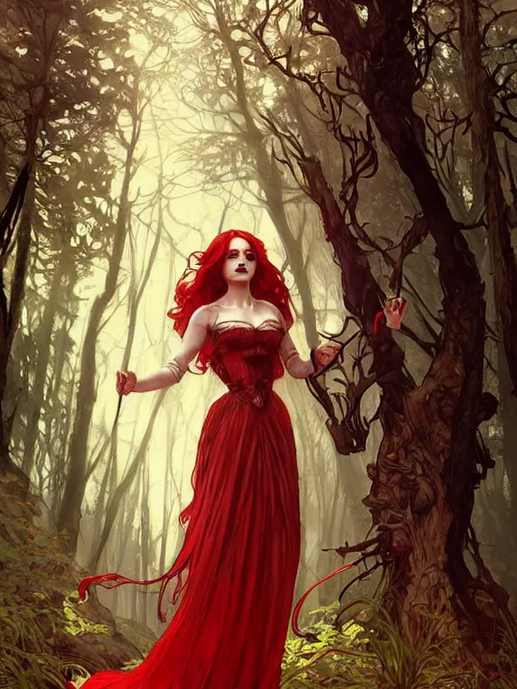 Prompt: full body portrait of an evil female pyromancer in the woods, elegant victorian dress, beautiful face, white skin, red hair, red lipstick, blue eyes, fire everywhere, high fantasy, dnd, highly detailed, digital illustration, by artgerm, greg rutkowski, alphonse mucha, masterpiece