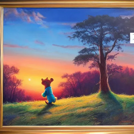 Image similar to winnie the pooh standing on a hill with sunset in background, oil painting, highly detailed