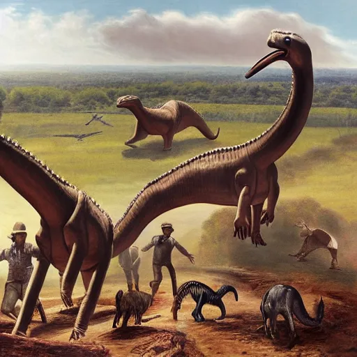 Image similar to group of hunters chasing a diplodocus in the plain, hyper-realist