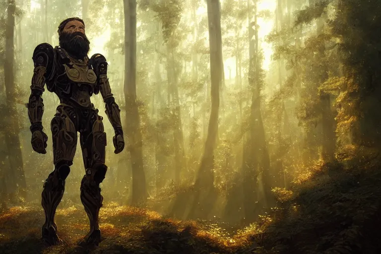 Image similar to detailed intricate digital illustration by greg rutkowski and artgerm and wlop and sanford robinson gifford ; bearded man standing next to his mech suit, standing in yggdrasil forest thick trees ; 1 3 mm film, arri alfa anamorphic lens ; sharp focus, golden hour lighting, gleaming sunlight rays ; trending on artstation 4 k ; close view