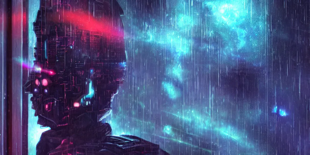 Image similar to one cyber godly person made of cosmic nebula galaxy energy watching a rainy colorful complex cyberpunk futuristic city from behind at night through a window in a room, reflections, 8 k, photorealistic, concept art, wet, highly detailed, cinematic mood by ridley scott, trending on artstation, glowing and epic