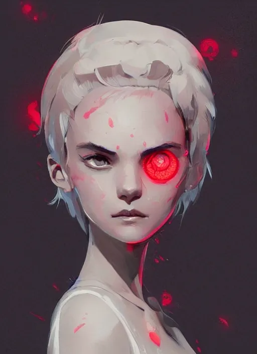 Image similar to highly detailed portrait of a ghost likely girl with neon red eyes, short white hair by atey ghailan, by greg rutkowski, by greg tocchini, by james gilleard, by joe fenton, by kaethe butcher, gradient pink, black, red, cream and white color scheme, trending in pinterest, award winning details