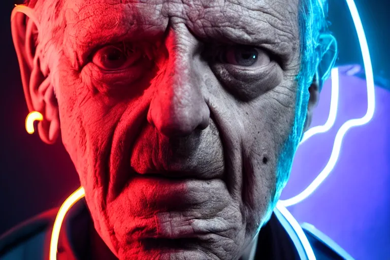 Prompt: an ultra realistic colour cinematic headshot portrait of an evil scientist, stood inside a futuristic lab, neon, colour, detailed, deep focus, movie still, dramatic lighting, ray tracing, by werner herzog