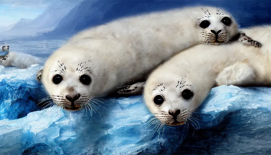 Image similar to highly detailed painting of cute furry white baby seal leopards cuddling into each other on a blue and white iceberg by william turner, by greg rutkowski, by william constable, thick brush strokes and visible paint layers, 4 k resolution