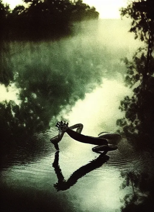 Image similar to “semitranslucent smiling frog vertically hovering over misty lake waters in crucifix pose, low angle, long cinematic shot by Andrei Tarkovsky, paranormal, eerie, mystical”