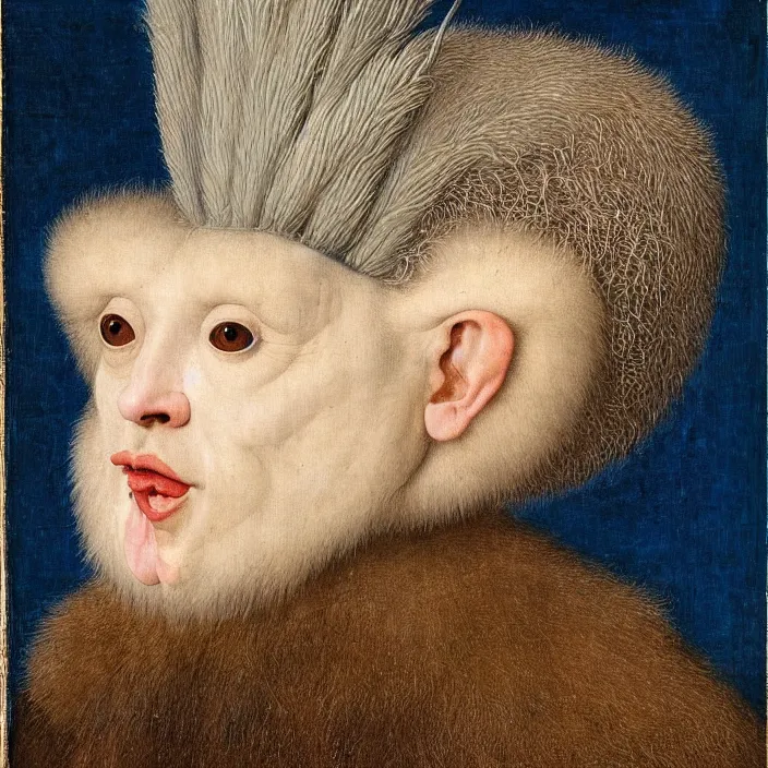 Image similar to close up portrait of a mutant monster creature with white fluffy moth pouf, exotic lily ears, delicate blue conch corns. by jan van eyck, audubon