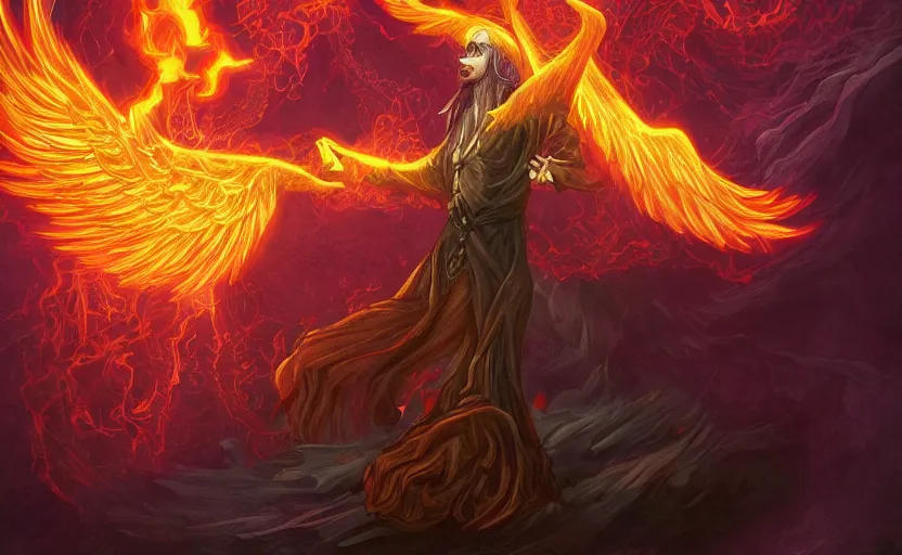 Image similar to wizard summoning the phoenix from hell, digital art style, illustration painting,