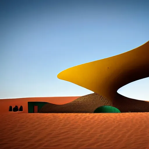 Image similar to architectural photograph by iwan baan of a cheerful recreational building in the shape of a monitor lizard in the middle of the desert, colorful desert architecture designed by norman foster