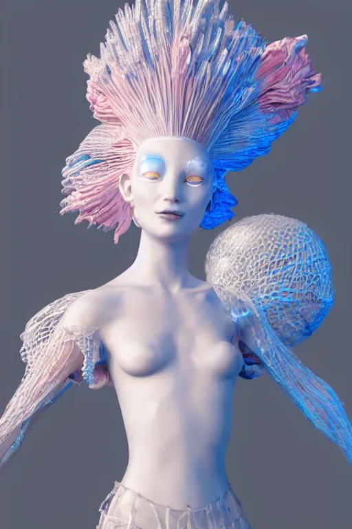 Prompt: an epic non - binary model, subject made of white melting porcelain, mesh headdress, flowing dress, with cerulean and pastel pink bubbles bursting out, delicate, beautiful, intricate, melting into vulpix, houdini sidefx, by jeremy mann and ilya kuvshinov, jamie hewlett and ayami kojima, trending on artstation, bold 3 d