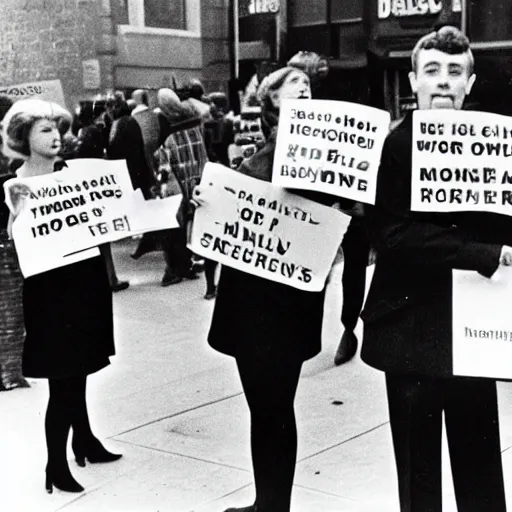 Prompt: 1 9 6 0 s protestors holding signs protesting against the tv show family guy