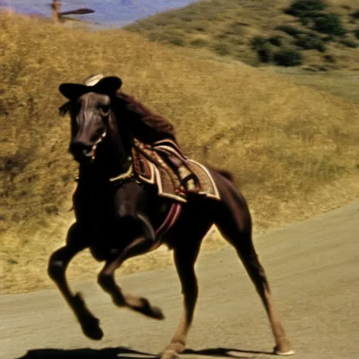 Prompt: Buffalo bill running uphill