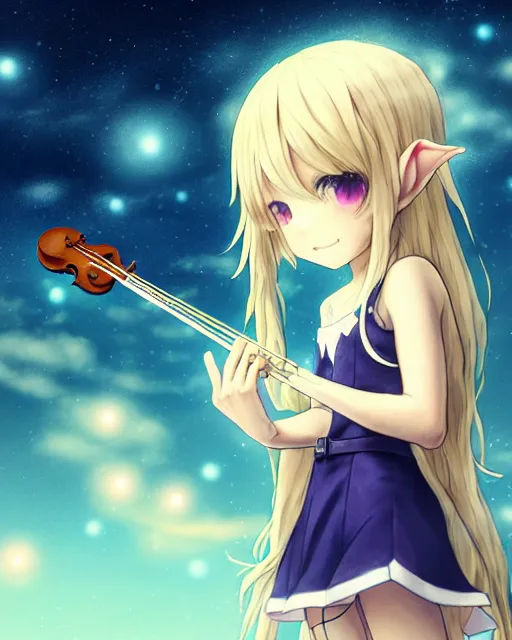 Image similar to chibi, cute, female, full body, elf girl with white skin and golden long wavy hair, holding a violin and playing a song, stunning art style, filters applied, lunar time, night sky, trending art, sharp focus, centered, landscape shot, fate zero, simple background, studio ghibly makoto shinkai yuji yamaguchi, by wlop