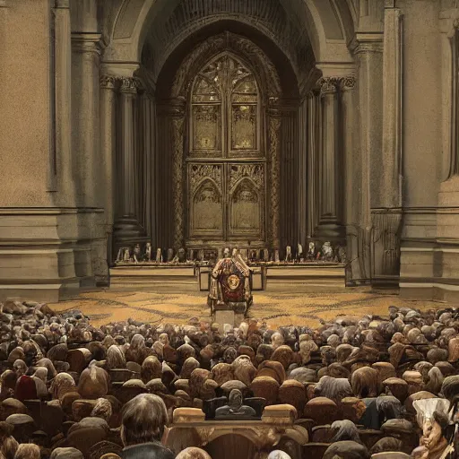 Prompt: the king of England is put on trial at the grand court, beautiful matte painting, highly detailed, artstation