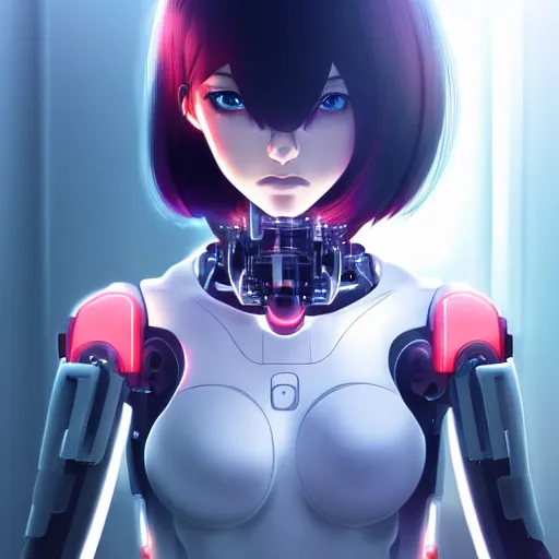 Image similar to digital anime, cyborg - girl looking into a mirror, mechanical insides, reflections, wlop, ilya kuvshinov, artgerm