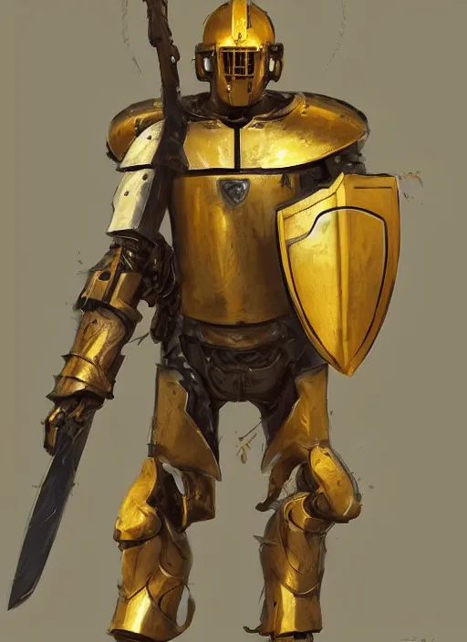 Image similar to portrait of a warforged character in yellow armor holding a paladin engraved longsword and carrying a big shield, epic concept art, trending on ArtStation, cinematic lighting, by Greg Rutkowski and Jesper Ejsing