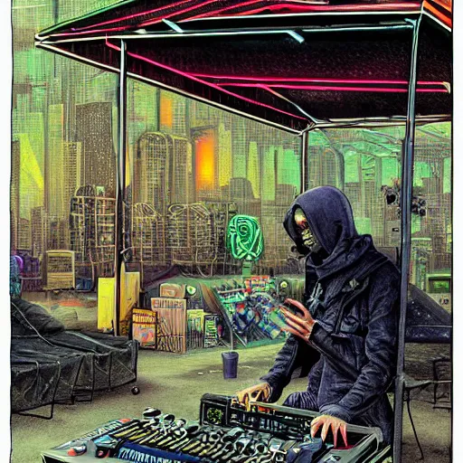 Prompt: cyberpunk goth homeless man cyborg playing a cyberpunk moog synthesizer at cyberpunk farmers market by william barlowe and pascal blanche and tom bagshaw and elsa beskow and enki bilal and franklin booth, neon rainbow vivid colors smooth, very fine high detail 3 5 mm lens photo 8 k resolution