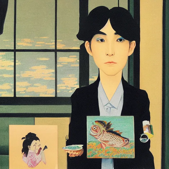 Image similar to tall emo female artist holding small portraits and fish on a train, on shinkansen in japan, odawara station, odawara castle, summer, sweat, ice coffee, pigs, octopus, acrylic on canvas, surrealist, by magritte and monet