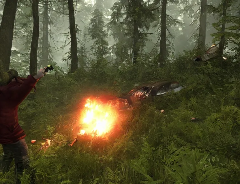 Image similar to a the forest game screenshot with a crashed plane, player is holding a lighter. ultra realistic