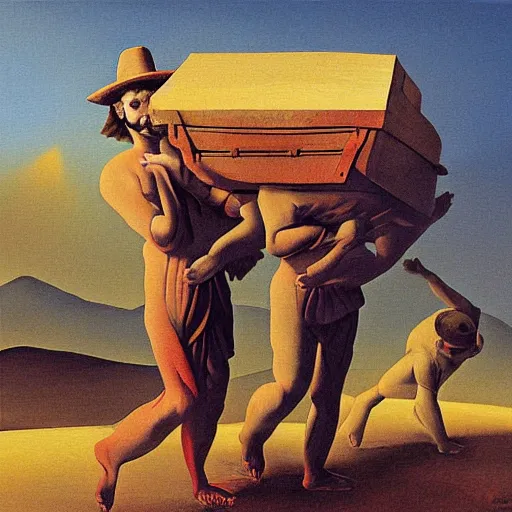 Image similar to a surrealism fantasy painting of the three men carrying a chest in the desert by finlay virgil