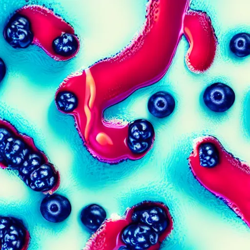 Image similar to raspberry, blueberry, vanilla smoothie explosion, intricate complexity, inverted neon red white and blue drip paint, psychedelic glitch art, trending on art station, photoreal, 8 k, octane render