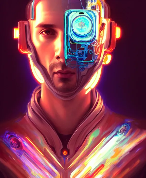 Image similar to a whirlwind inside the metaverse, guy, male, man, hologram, half body, neurochip, android, cyborg, cyberpunk face, by loish, d & d, fantasy, intricate, elegant, highly detailed, colorful, digital painting, artstation, concept art, art by artgerm and greg rutkowski and alphonse mucha