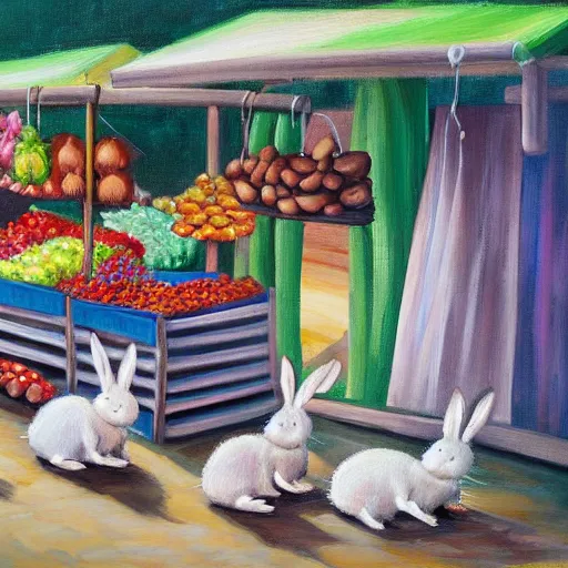 Image similar to outdoor market for bunnies, rennesaince painting hd