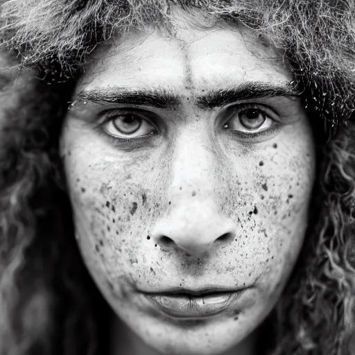 Prompt: minimalist photography portrait of a neanderthal woman, symmetrical, super close up, mid thirties, freckles, cute round slanted eyes, caucasian, wide nostrils, high cheekbones, high flat eyebrows, leica 1 0 0 mm f 0. 8