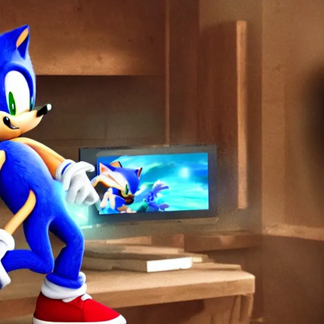 Prompt: still of sonic playing videogames in sonic the hegdehog movie