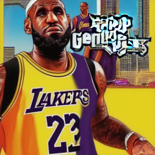 Image similar to happy lebron james, gta v cover art, art by stephen bliss
