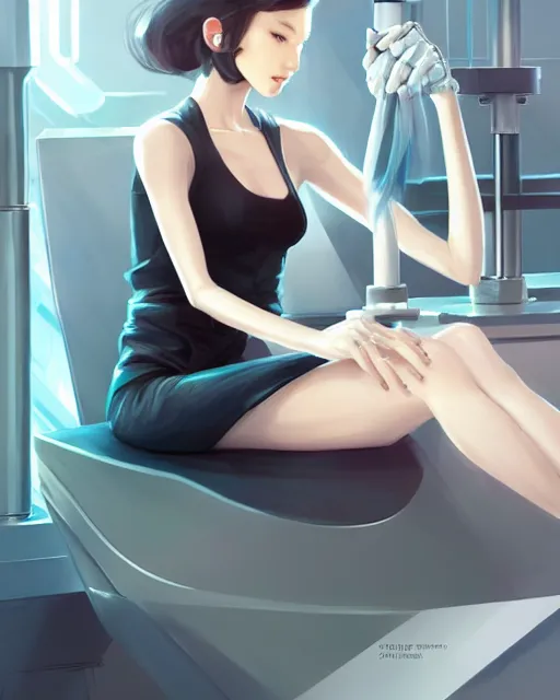 Prompt: concept art of a sleek robotic girl sitting in a lab, wearing a tank top | | cute - fine - fine details by stanley artgerm lau, wlop, rossdraws, and sakimichan, trending on artstation, brush strokes