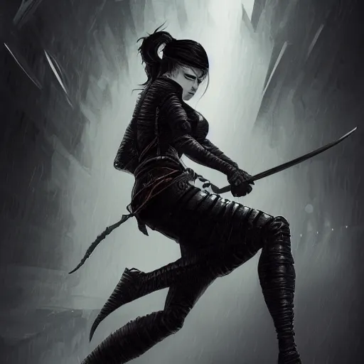 Prompt: a detailed picture of a female ninja, ominous nighttime thunderstorm, fantasy, d & d, intricate, elegant, highly detailed, digital painting, artstation, concept art, matte, sharp focus, illustration, art by m. c. escher