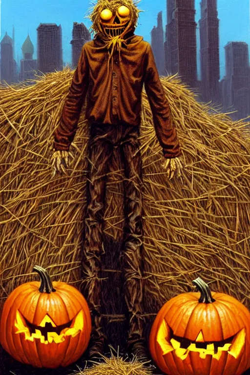 Prompt: classic oil painting, an evil scarecrow made of hay and tattered clothing and a pumpkin, as a dnd character, surrounded by skyscrapers in a dense urban city, highly detailed, digital illustration, concept art, smooth, sharp focus, art by tim hildebrandt, and greg hildebrandt