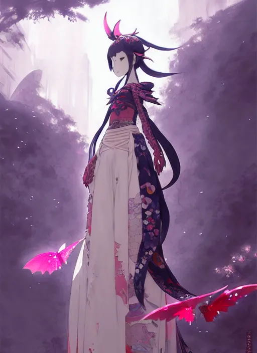 Prompt: concept art of a dragon girl wearing a intricate outfit japanese harajuku street fashion, gapmoe yandere grimdark, dragon tail, butterfly trending on pixiv fanbox, painted by greg rutkowski makoto shinkai takashi takeuchi studio ghibli, akihiko yoshida