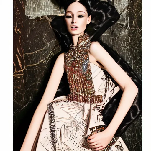 Image similar to close up of fashion model in luxury dress, official hermes editorial, highly detailed