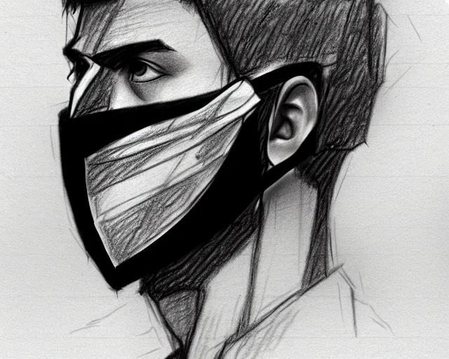 Prompt: draft drawing of a european young man with fabric mask, draft sketch, trending on artstation, context art, pencil sketch, high detail